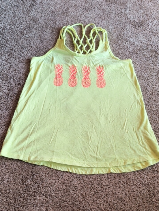 No Boundaries Tops - No Boundaries Neon Yellow Tank with Coral Pineapple Print and Lattice Back